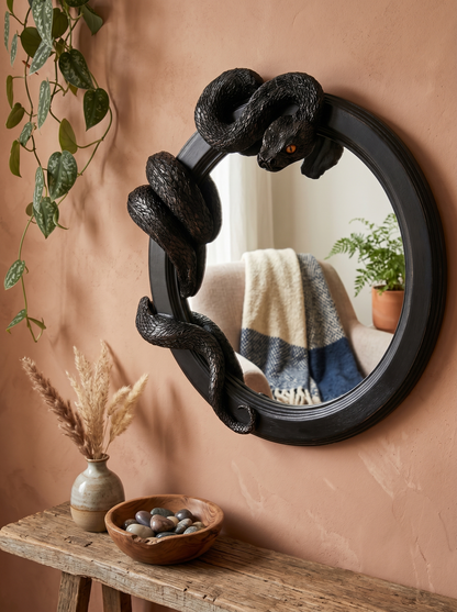 Aurelium Glass Shadow Serpent Mirror – Sculptural Black Statement Frame