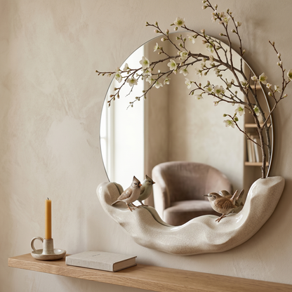 Aurelium Nest Sculpt Mirror – Ceramic Art Frame with Birds