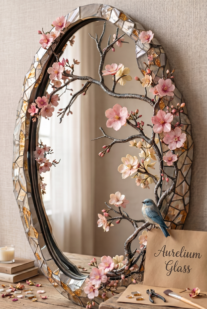 Aurelium Sakura Grace Mirror – Floral Art Glass Frame
