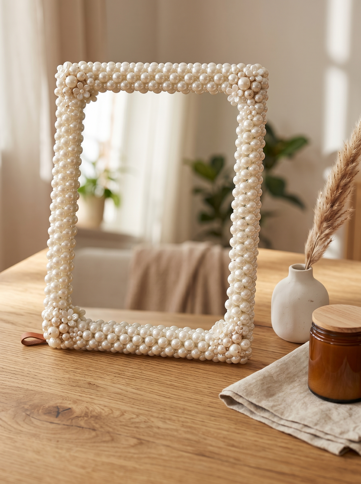 Aurelium Pearl Frame Mirror – Handcrafted Decorative Vanity Mirror