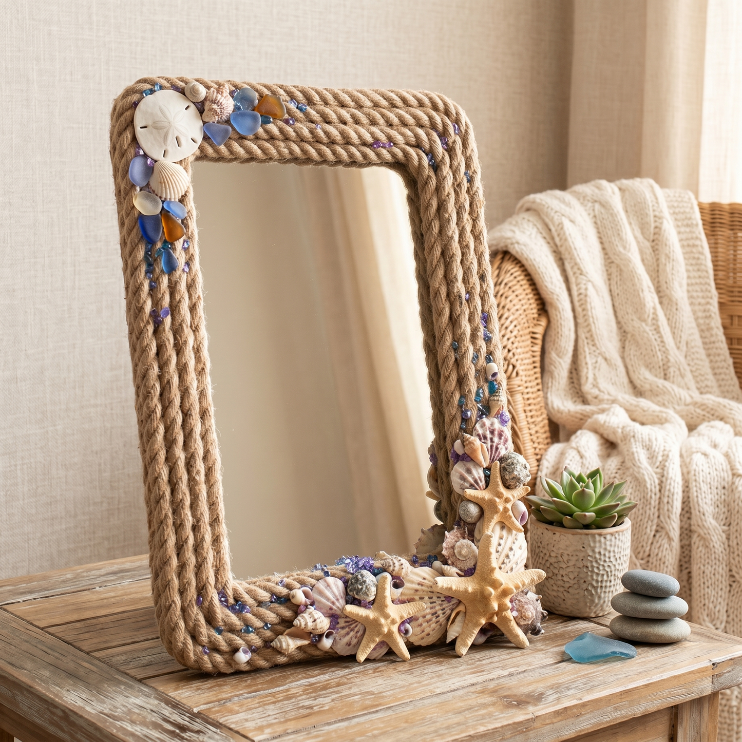 Aurelium Coastal Rope Mirror – Handcrafted Seashell Accent Decorative Mirror
